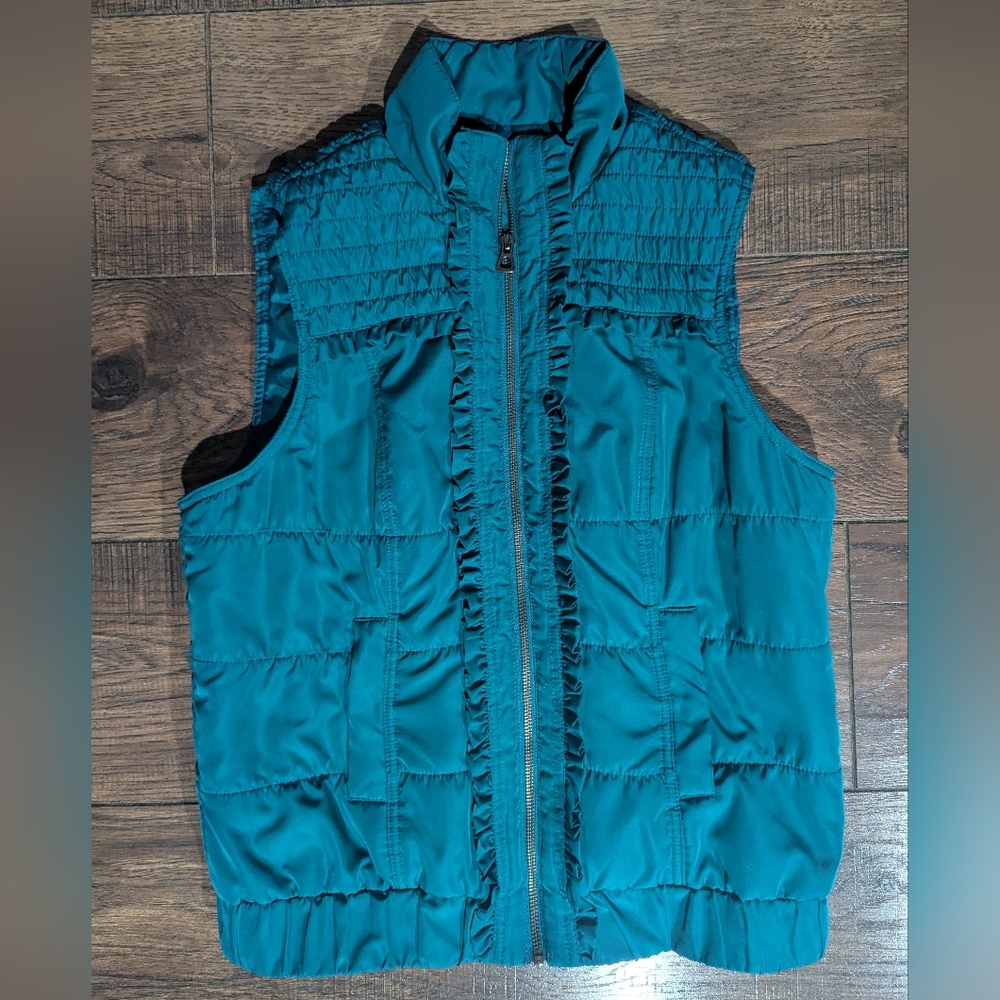 Christopher & Banks Teal Blue Ruffled Quilted Puffer Womens Vest Size S Adorable